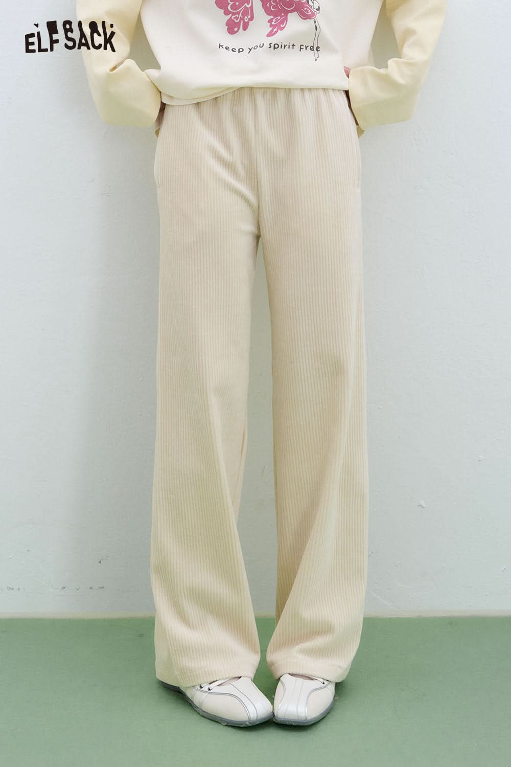 ELFSACK Sweet Basic Corduroy Casual Wide Leg Pants Women Korean clothing