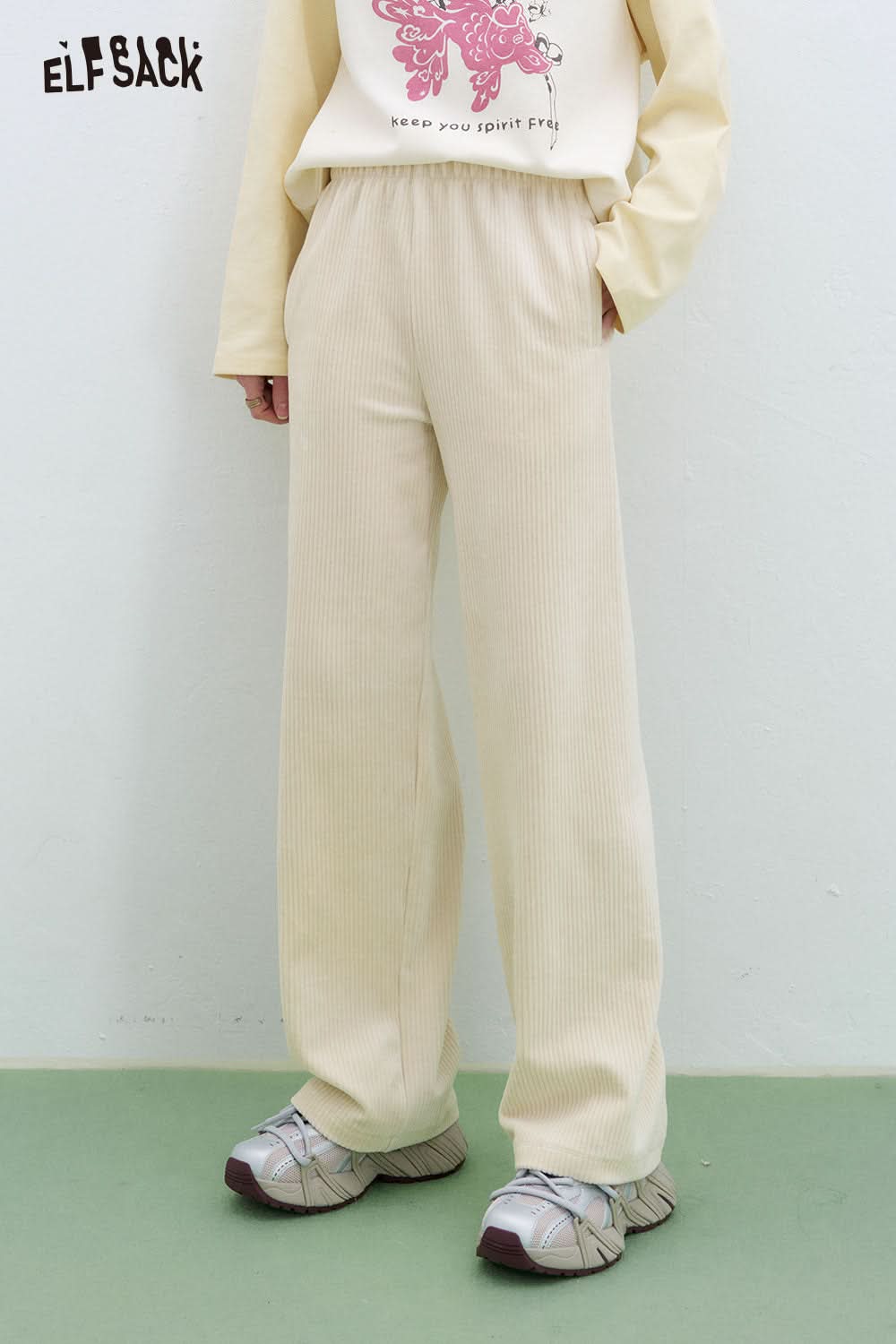 ELFSACK Sweet Basic Corduroy Casual Wide Leg Pants Women Korean clothing