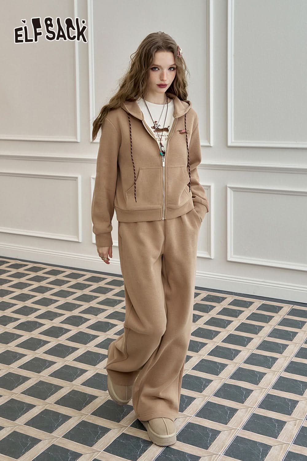 ELFSACK Dog embroidery knitted hoodie set, casual sports two-piece set