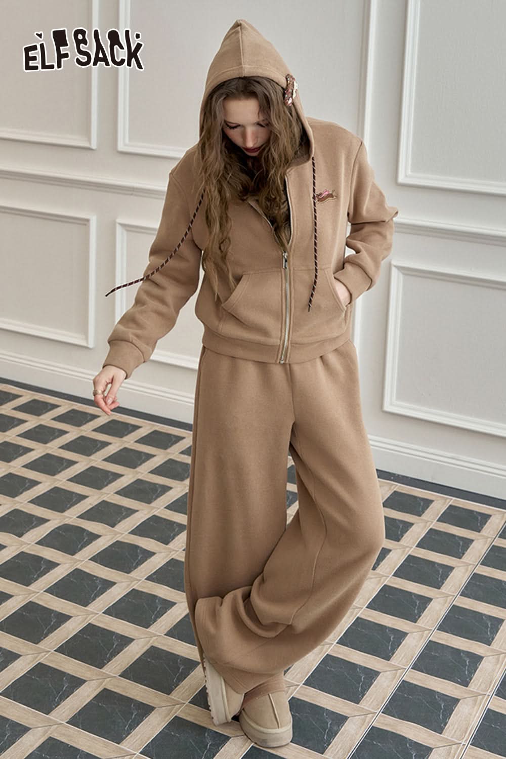 ELFSACK Dog embroidery knitted hoodie set, casual sports two-piece set