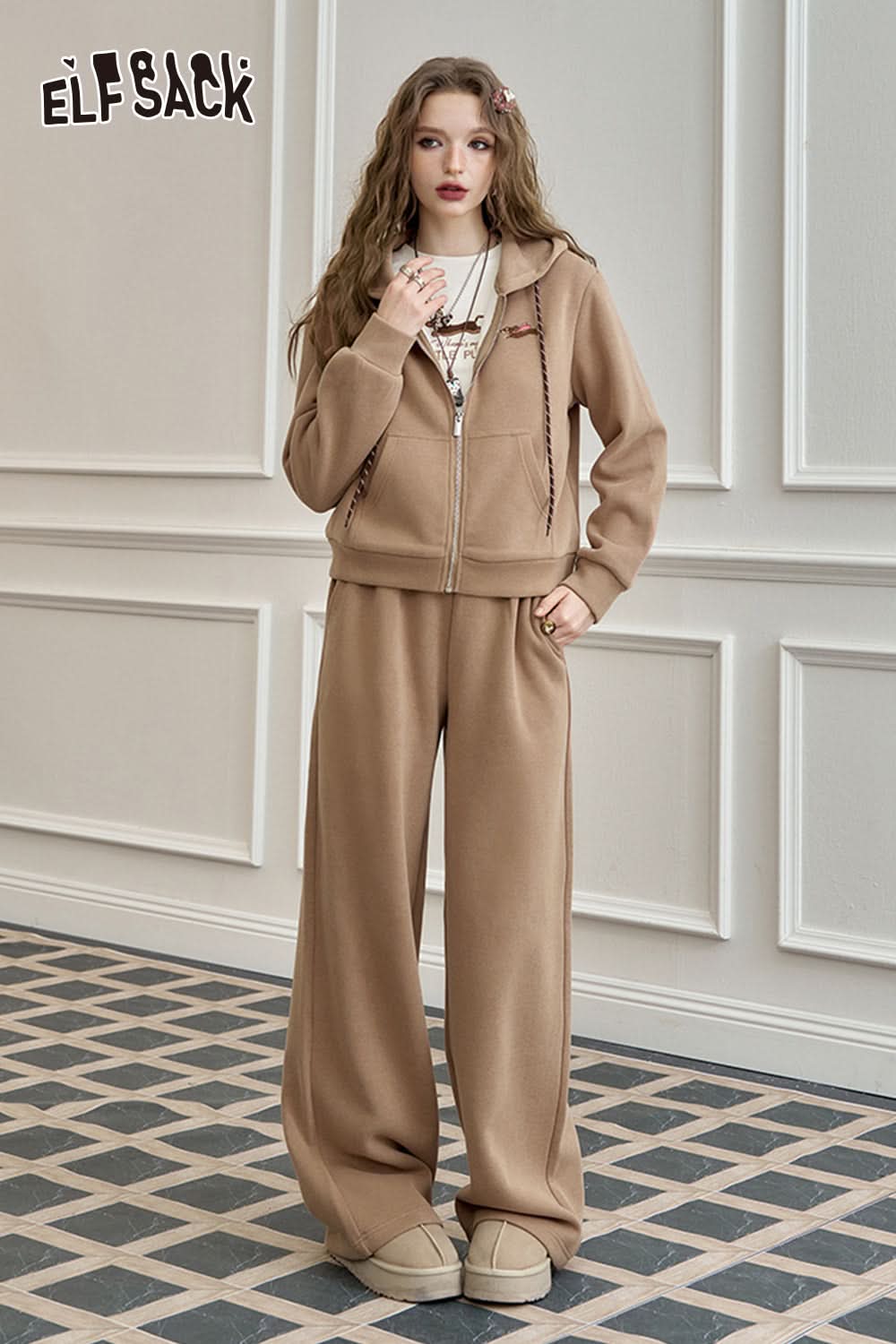 ELFSACK Dog embroidery knitted hoodie set, casual sports two-piece set