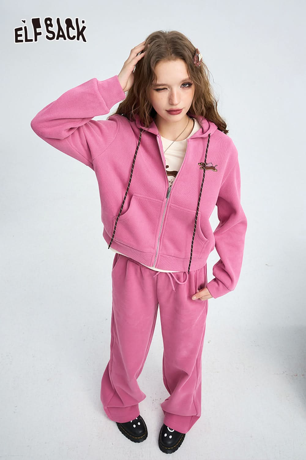 ELFSACK Dog embroidery knitted hoodie set, casual sports two-piece set