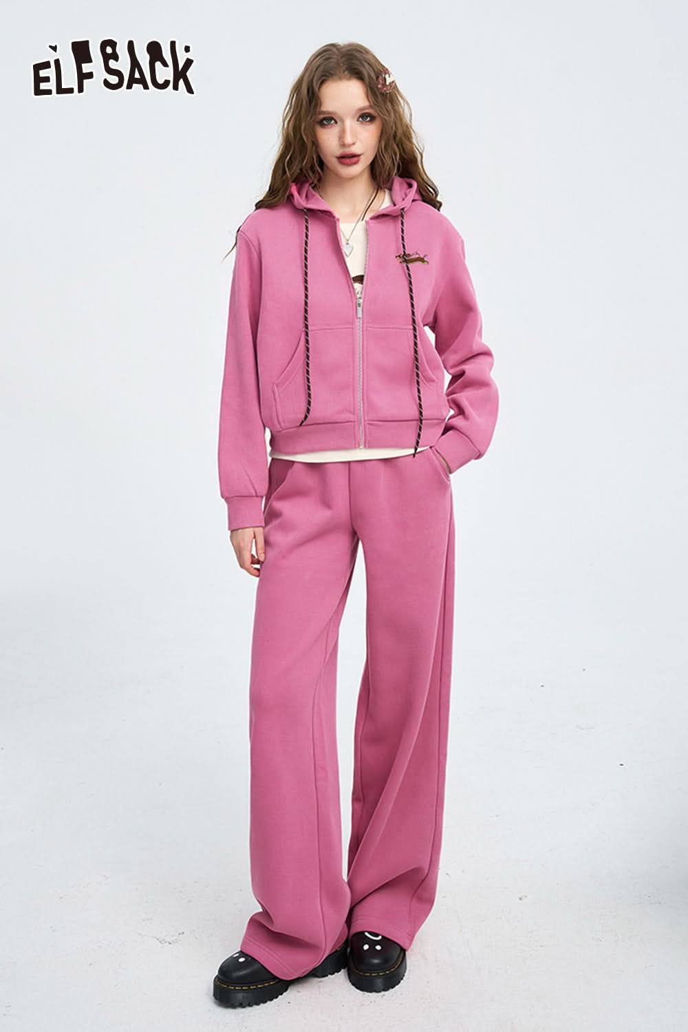 ELFSACK Dog embroidery knitted hoodie set, casual sports two-piece set