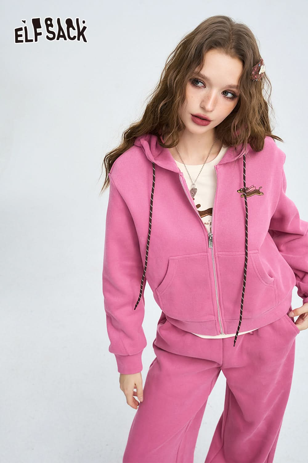 ELFSACK Dog embroidery knitted hoodie set, casual sports two-piece set