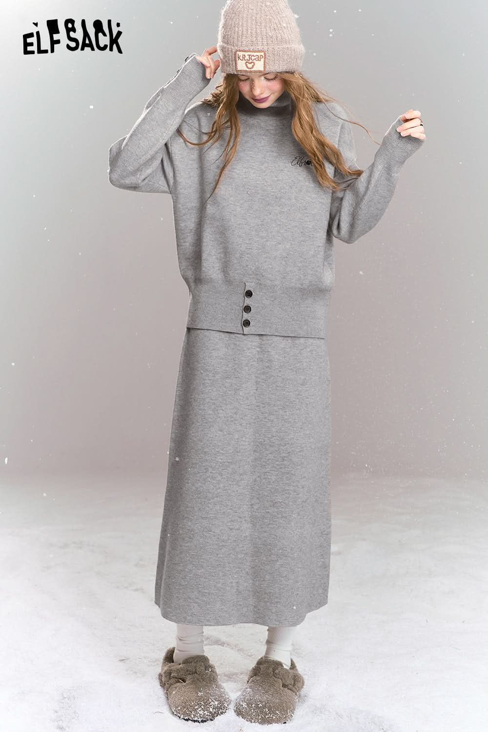 ELFSACK Knitted suit French simple high collar top skirt two-piece suit