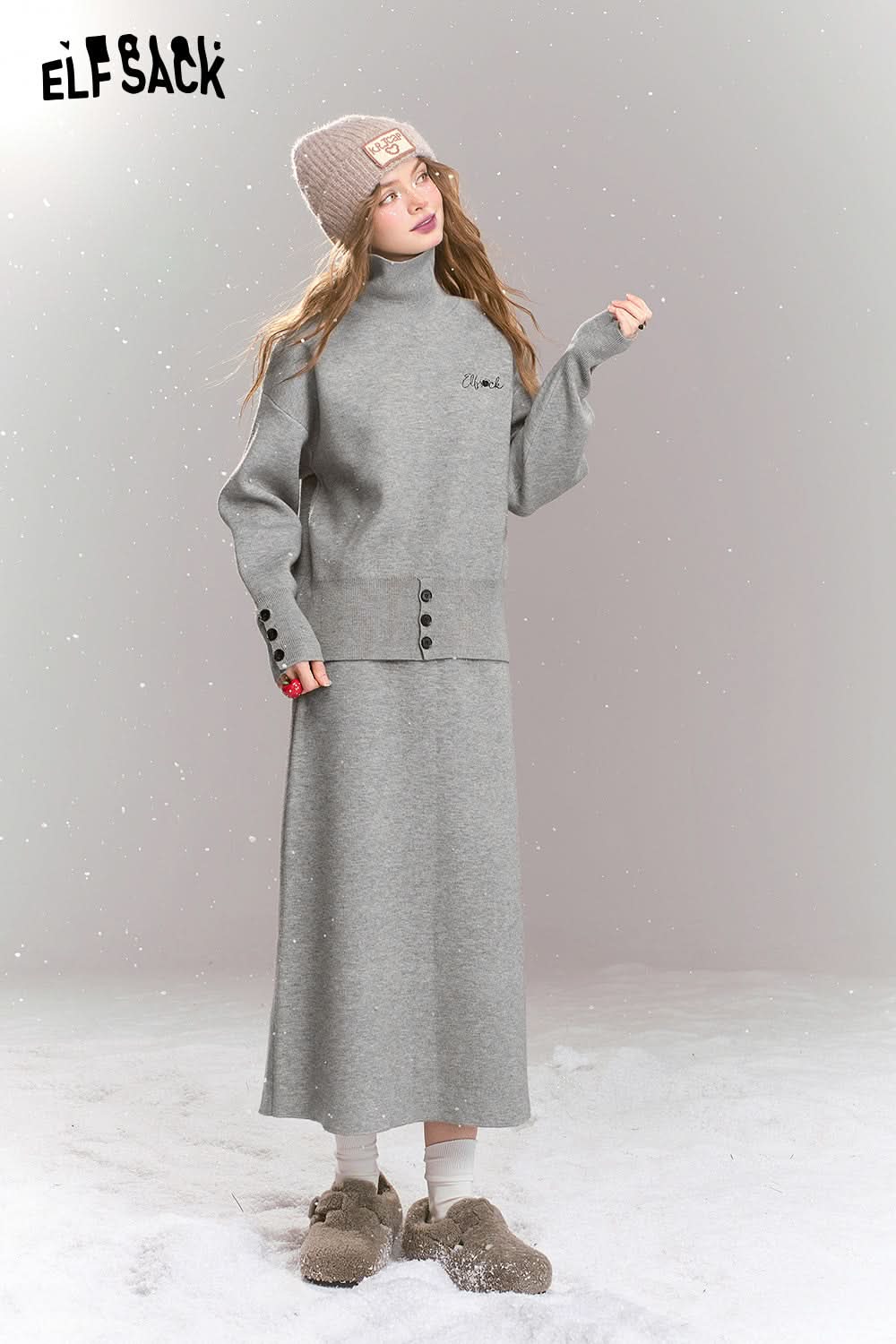 ELFSACK Knitted suit French simple high collar top skirt two-piece suit