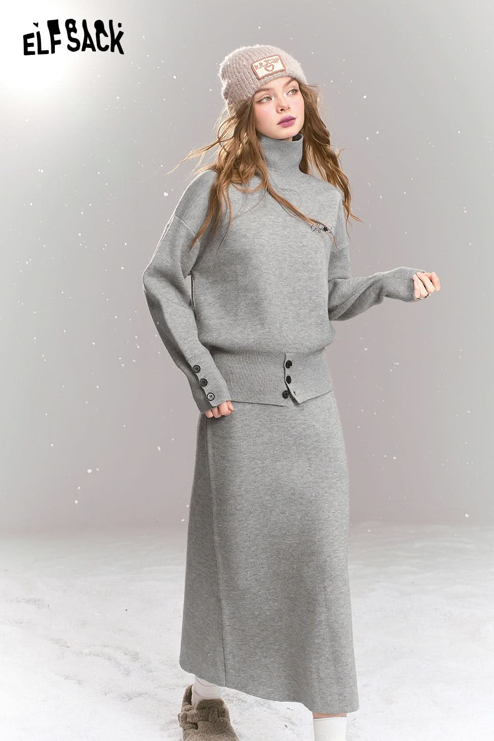 ELFSACK Knitted suit French simple high collar top skirt two-piece suit