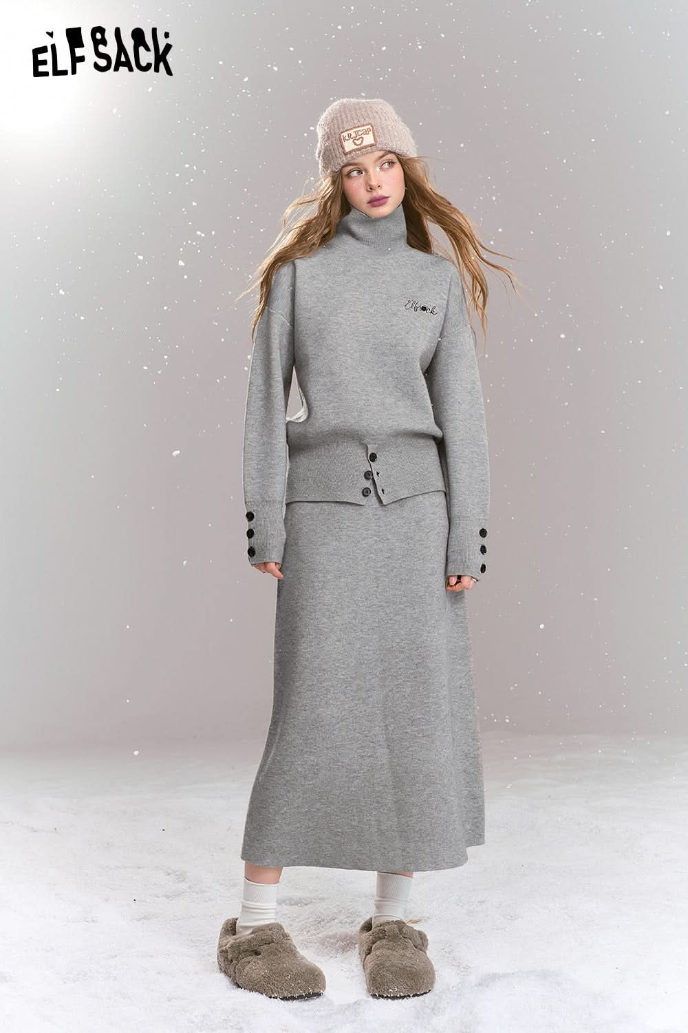 ELFSACK Knitted suit French simple high collar top skirt two-piece suit