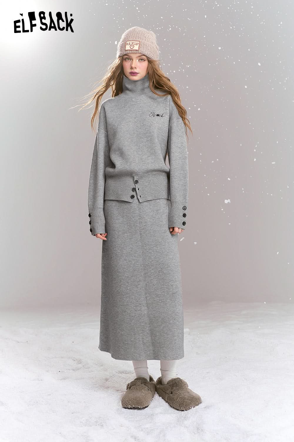 ELFSACK Knitted suit French simple high collar top skirt two-piece suit