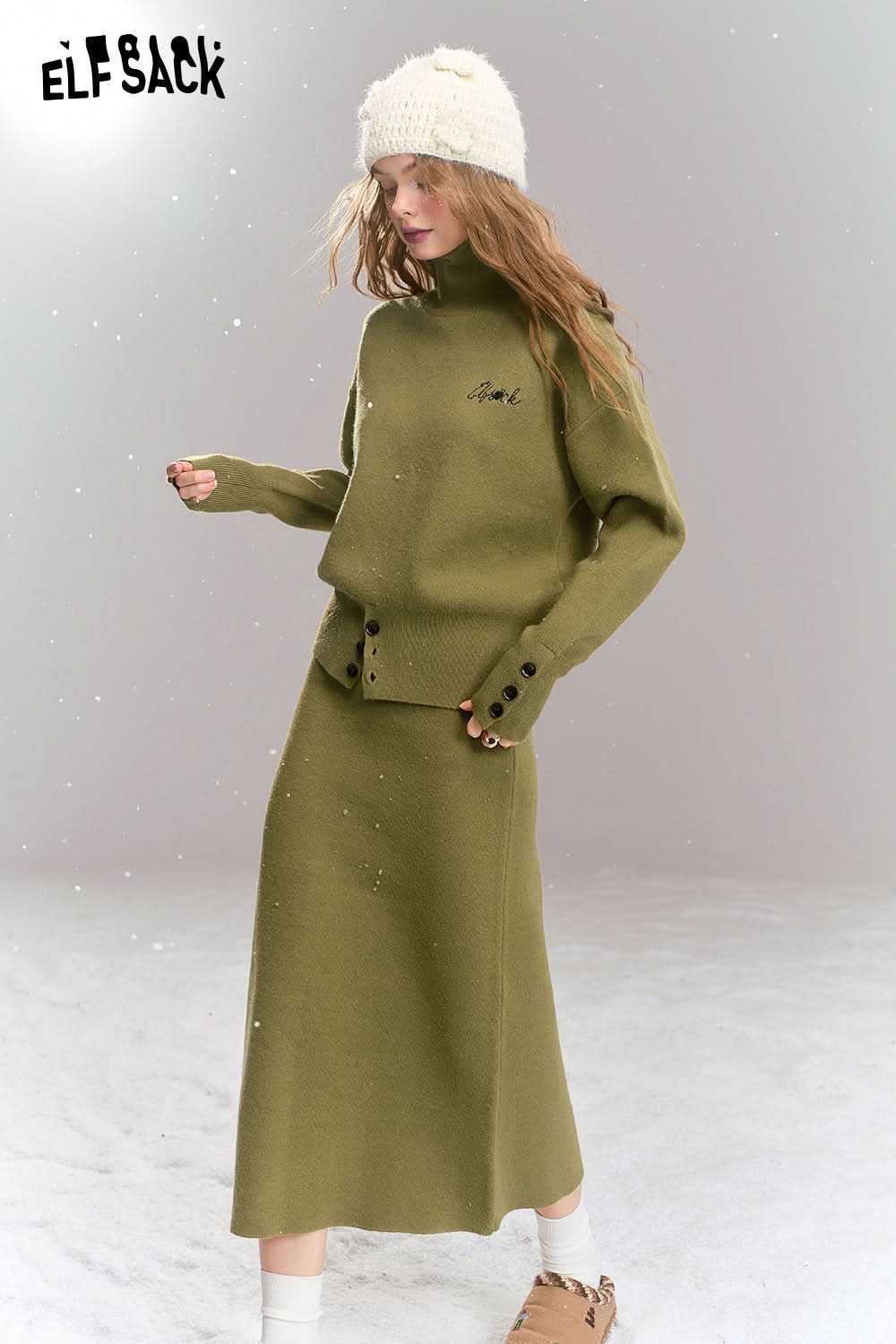 ELFSACK Knitted suit French simple high collar top skirt two-piece suit