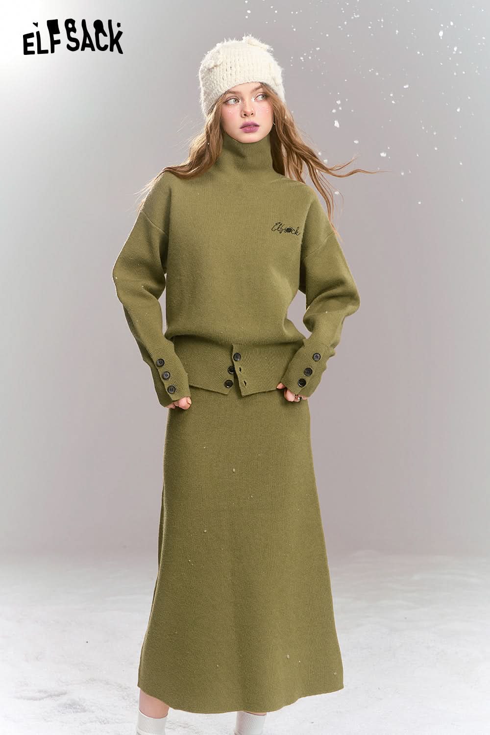 ELFSACK Knitted suit French simple high collar top skirt two-piece suit