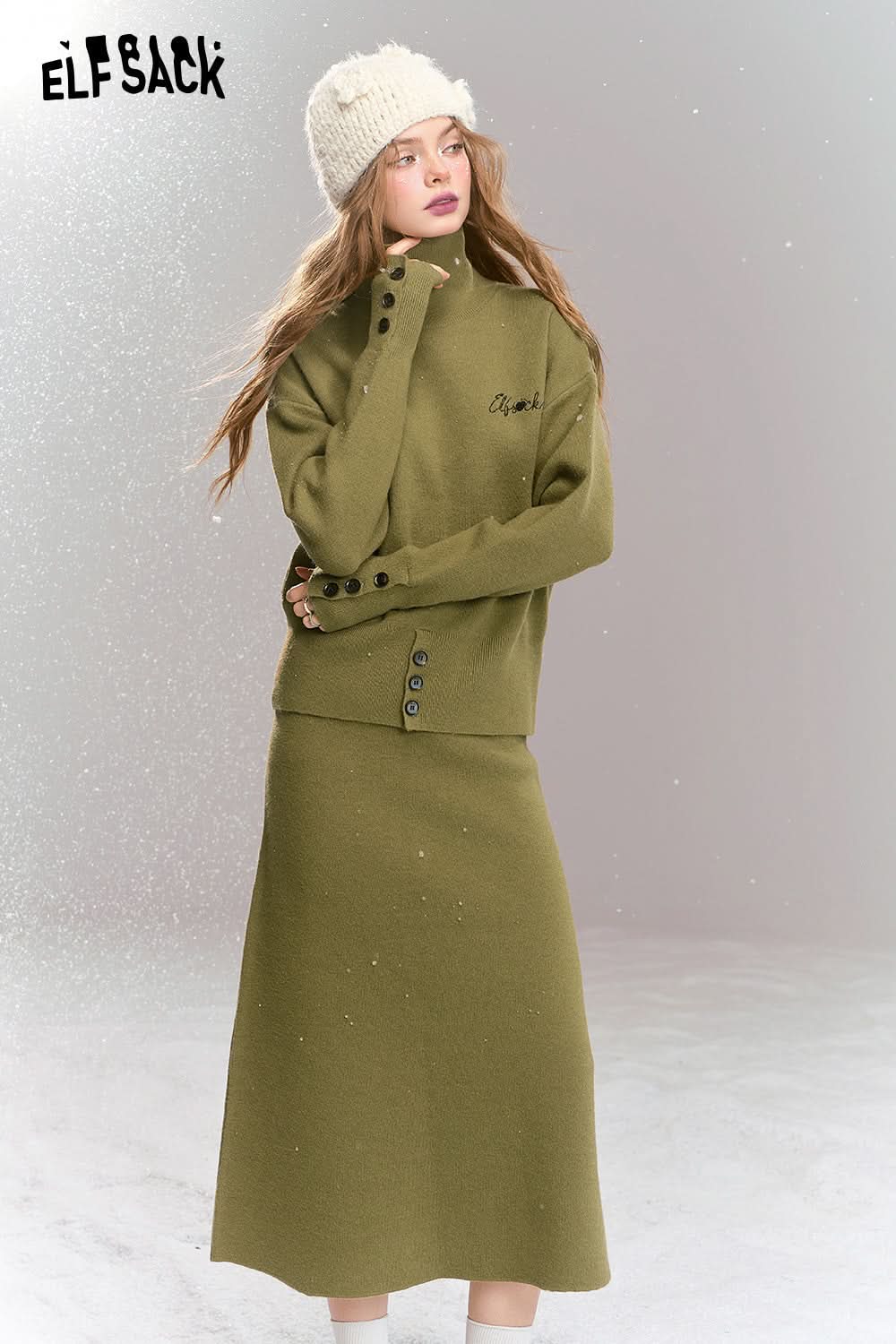 ELFSACK Knitted suit French simple high collar top skirt two-piece suit