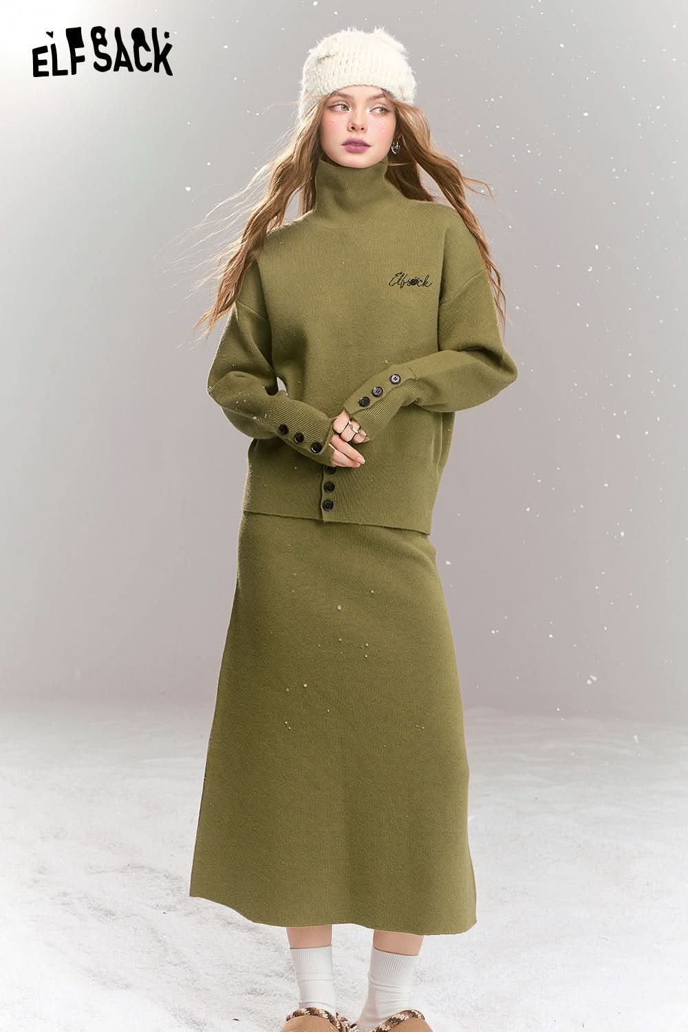 ELFSACK Knitted suit French simple high collar top skirt two-piece suit