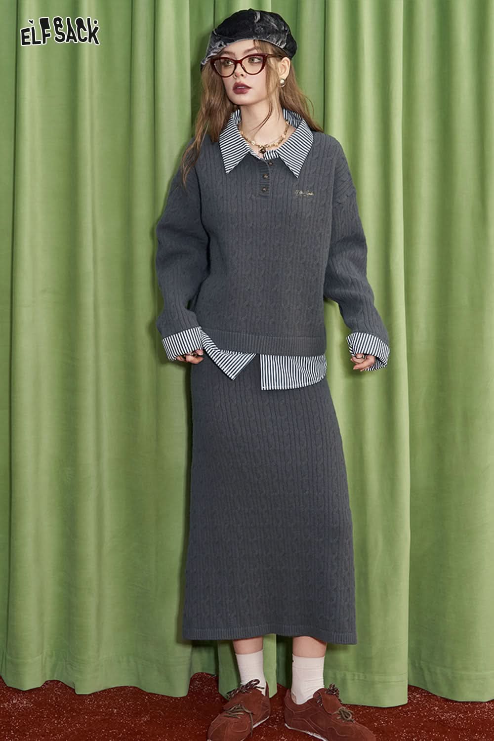 ELFSACK preppy style crimson skirt sweater two piece set