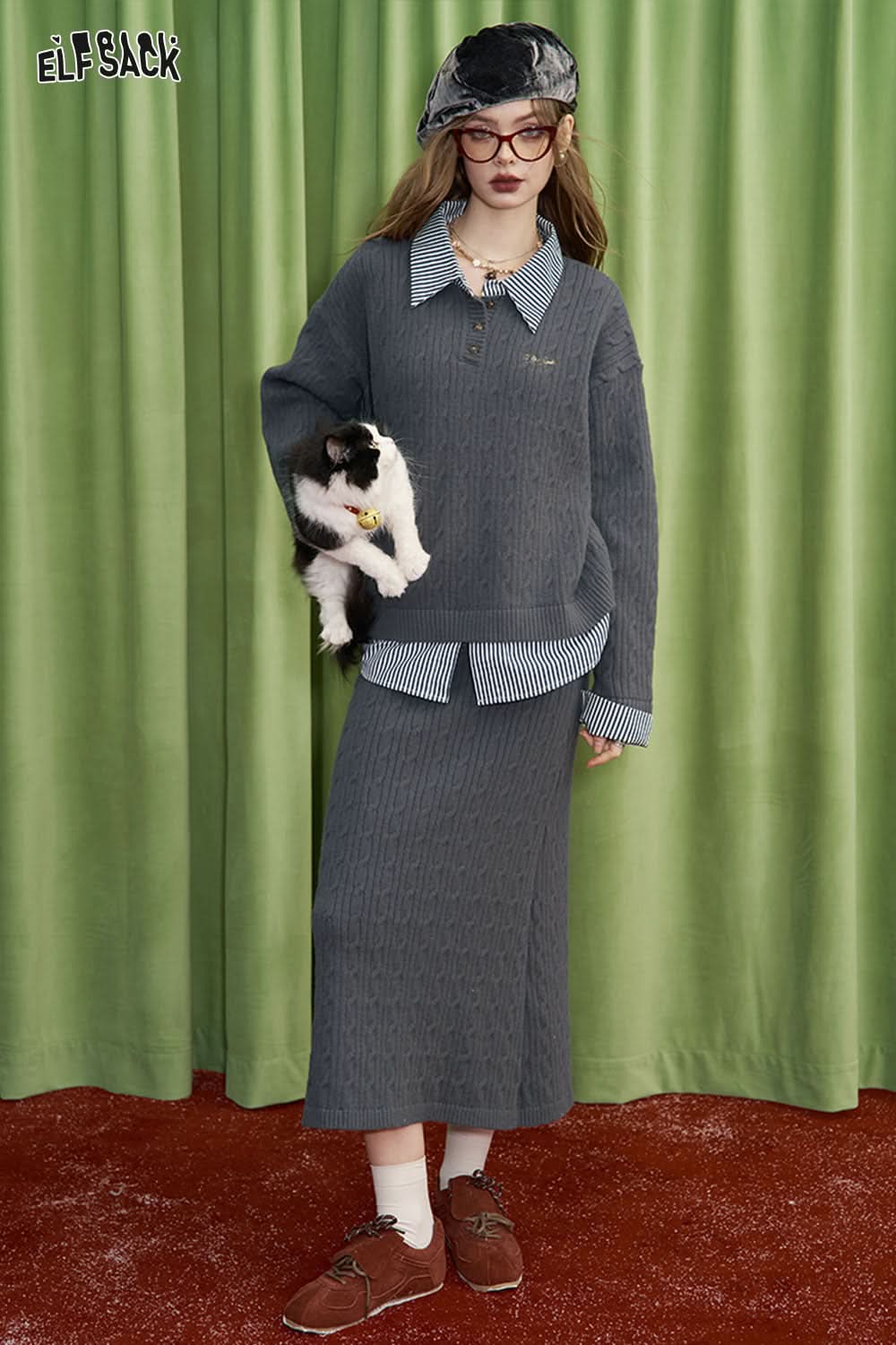 ELFSACK preppy style crimson skirt sweater two piece set