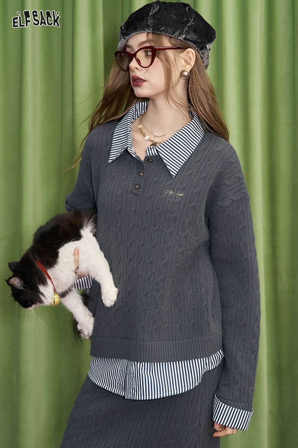 ELFSACK preppy style crimson skirt sweater two piece set