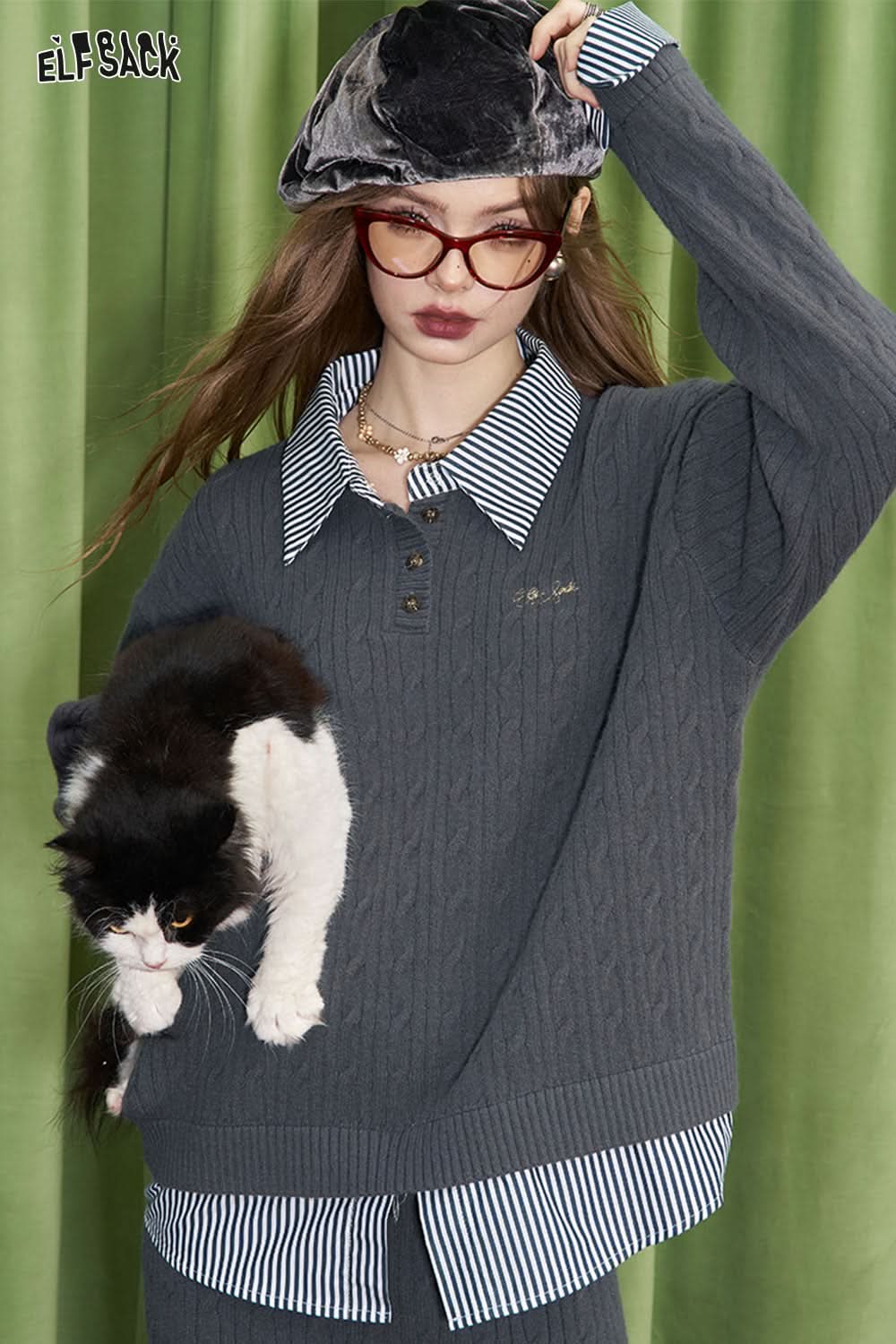 ELFSACK preppy style crimson skirt sweater two piece set