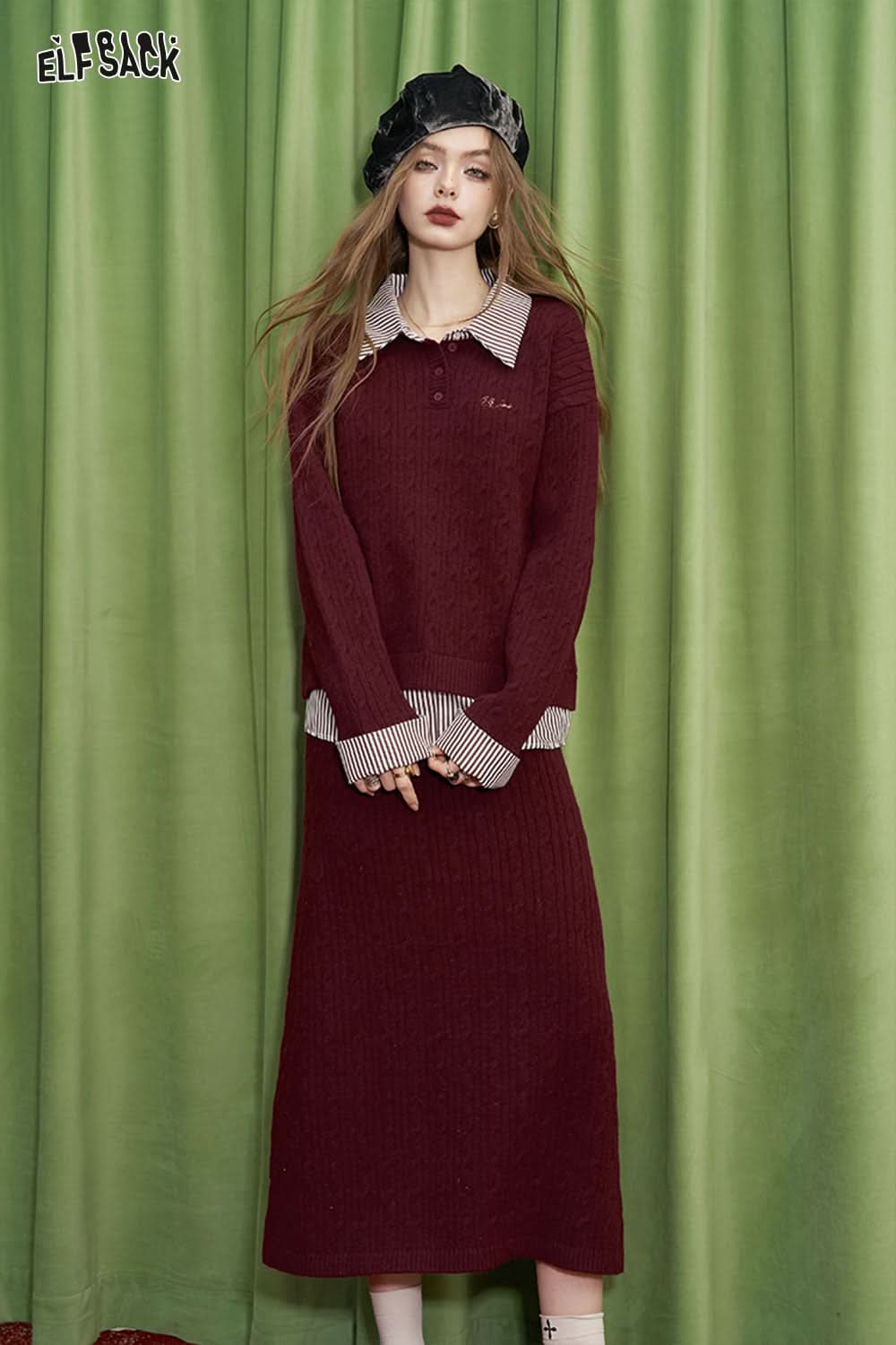 ELFSACK preppy style crimson skirt sweater two piece set