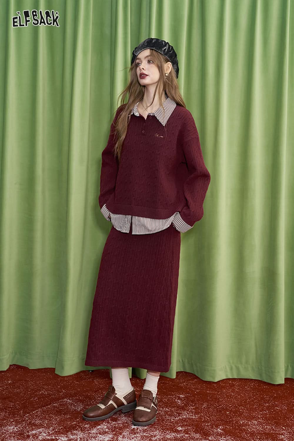 ELFSACK preppy style crimson skirt sweater two piece set