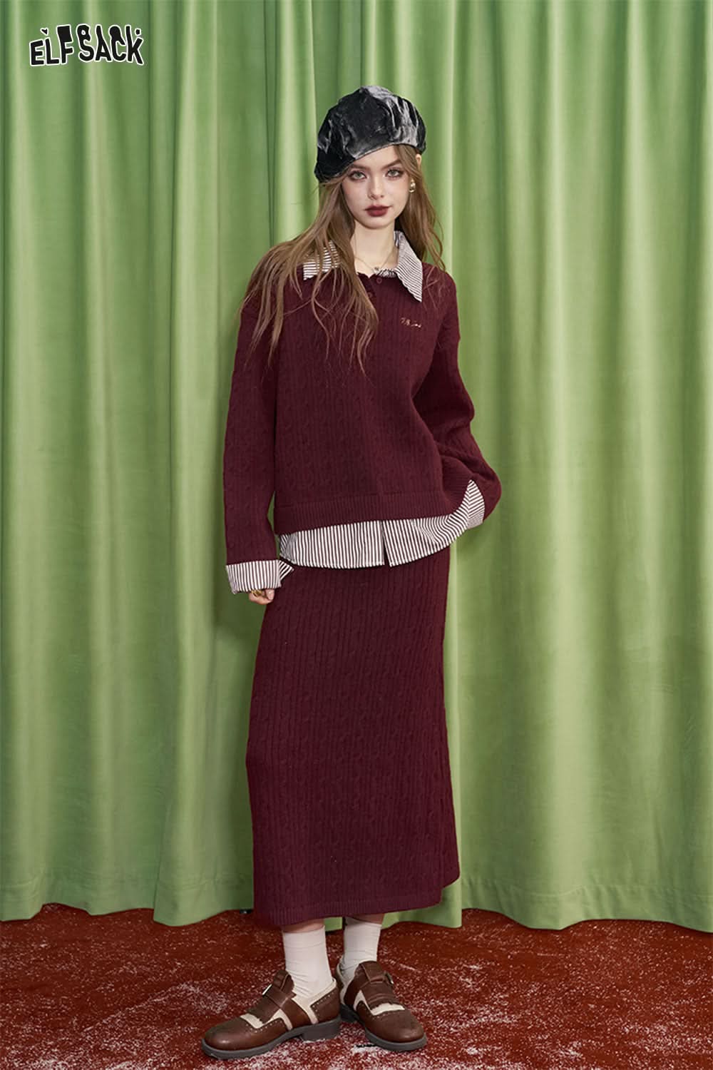 ELFSACK preppy style crimson skirt sweater two piece set