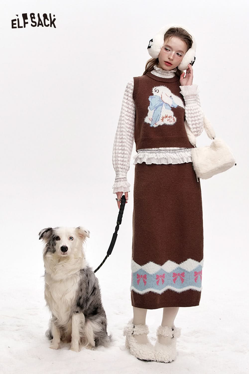 ELFSACK Preppy style bunny vest skirt knitted two-piece suit