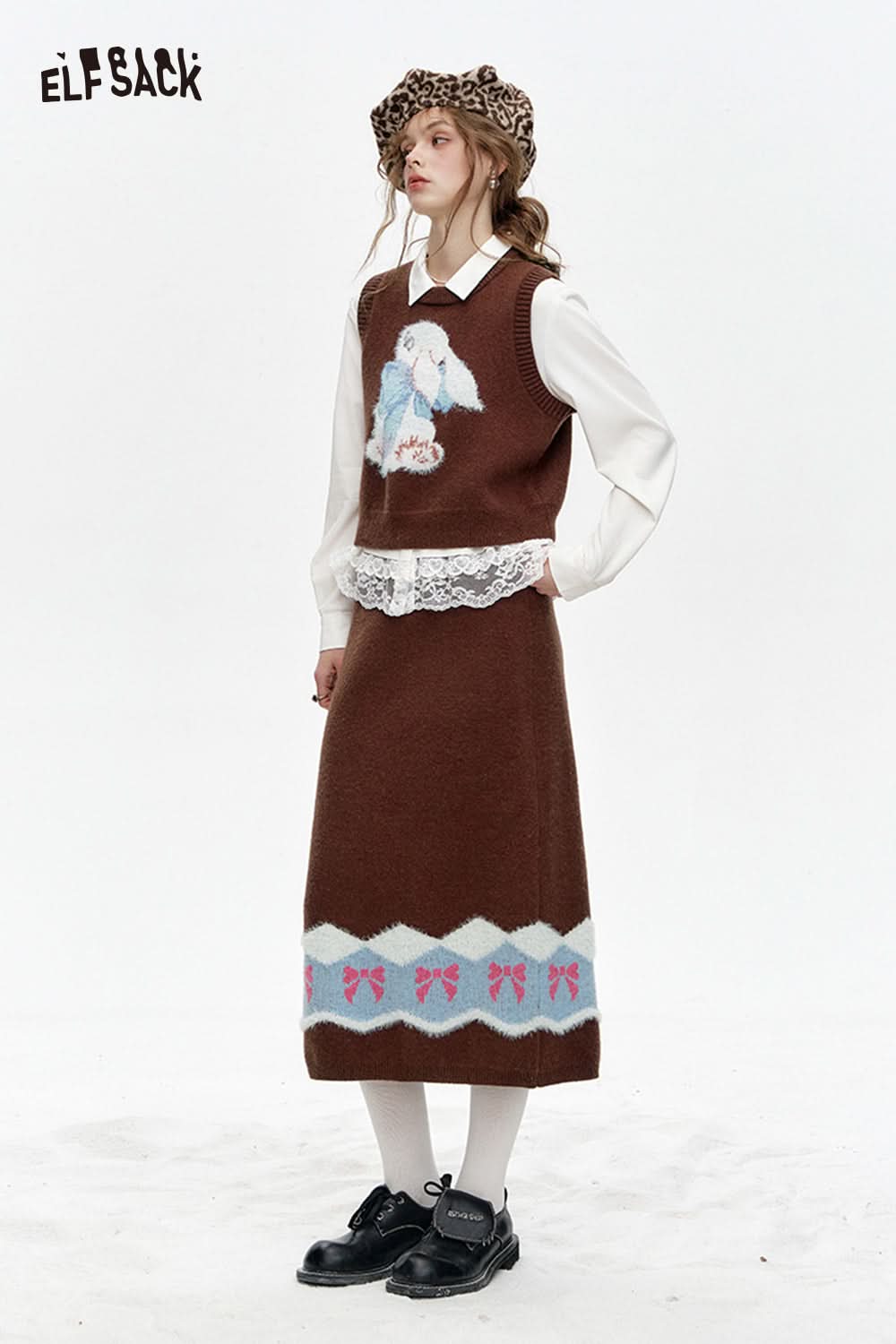 ELFSACK Preppy style bunny vest skirt knitted two-piece suit