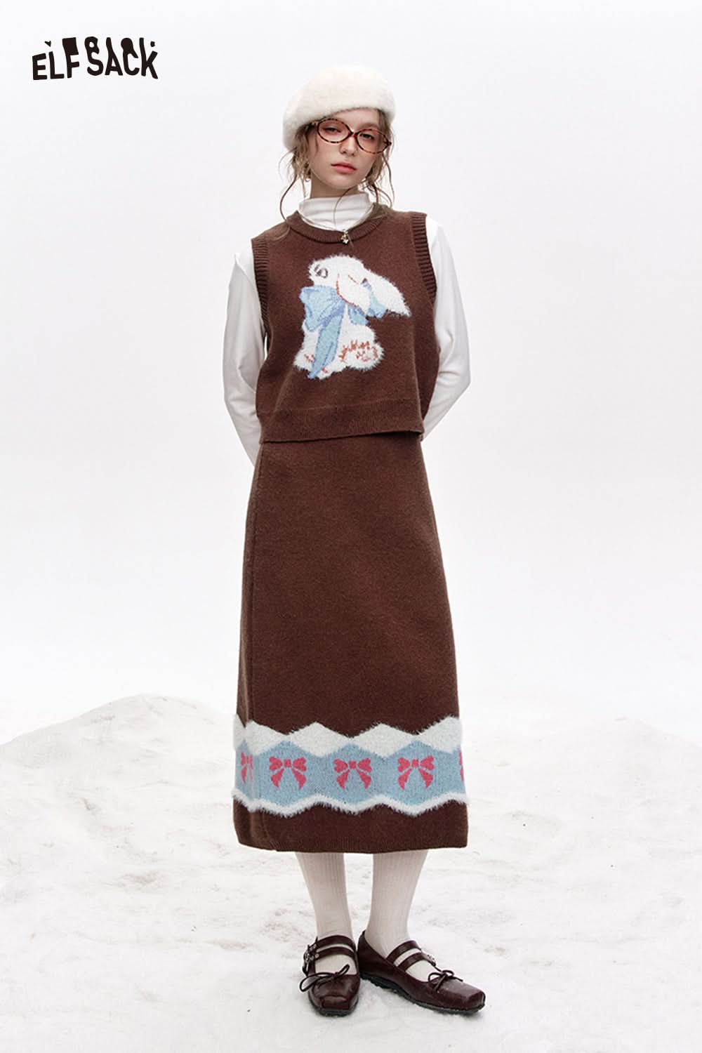 ELFSACK Preppy style bunny vest skirt knitted two-piece suit