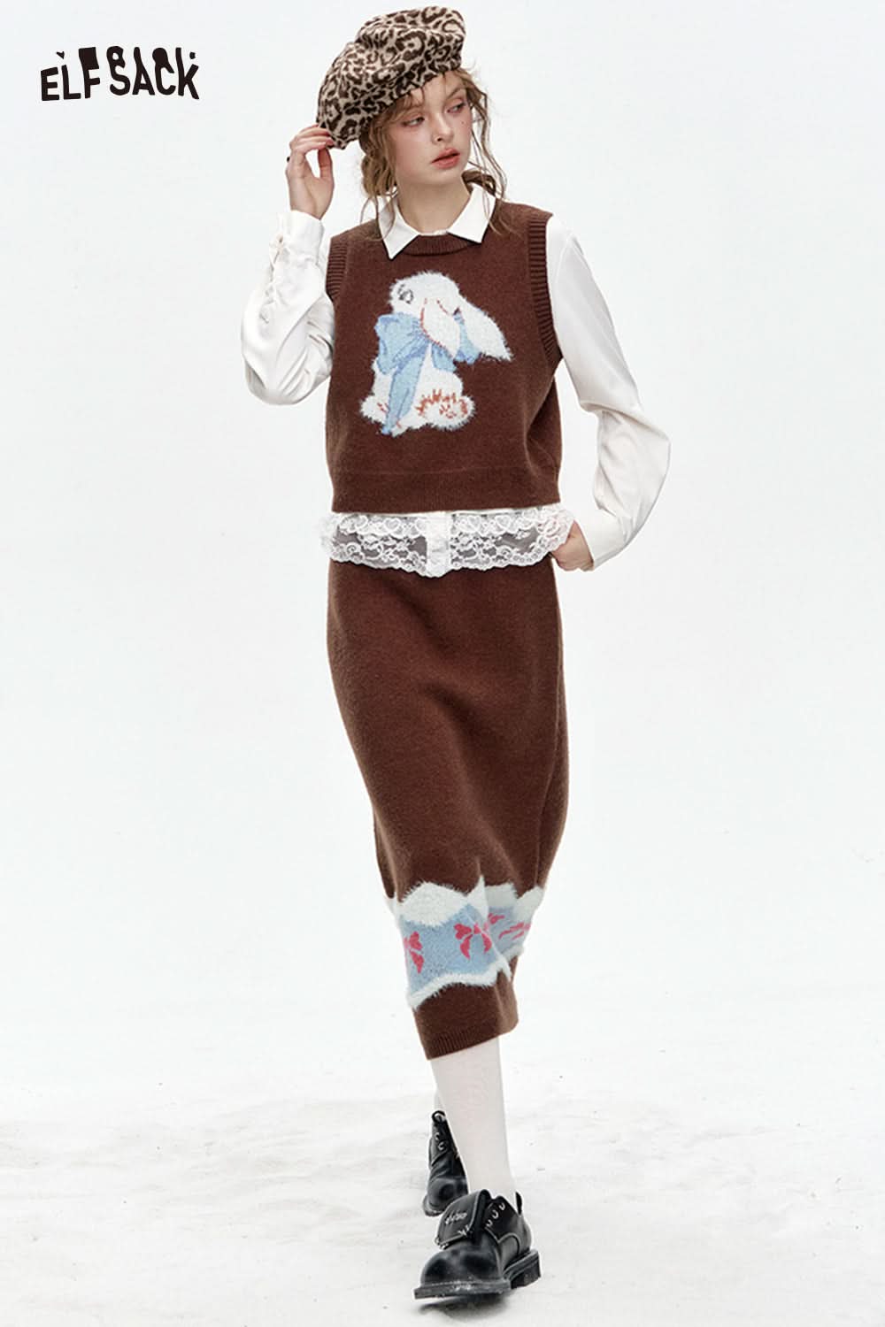 ELFSACK Preppy style bunny vest skirt knitted two-piece suit