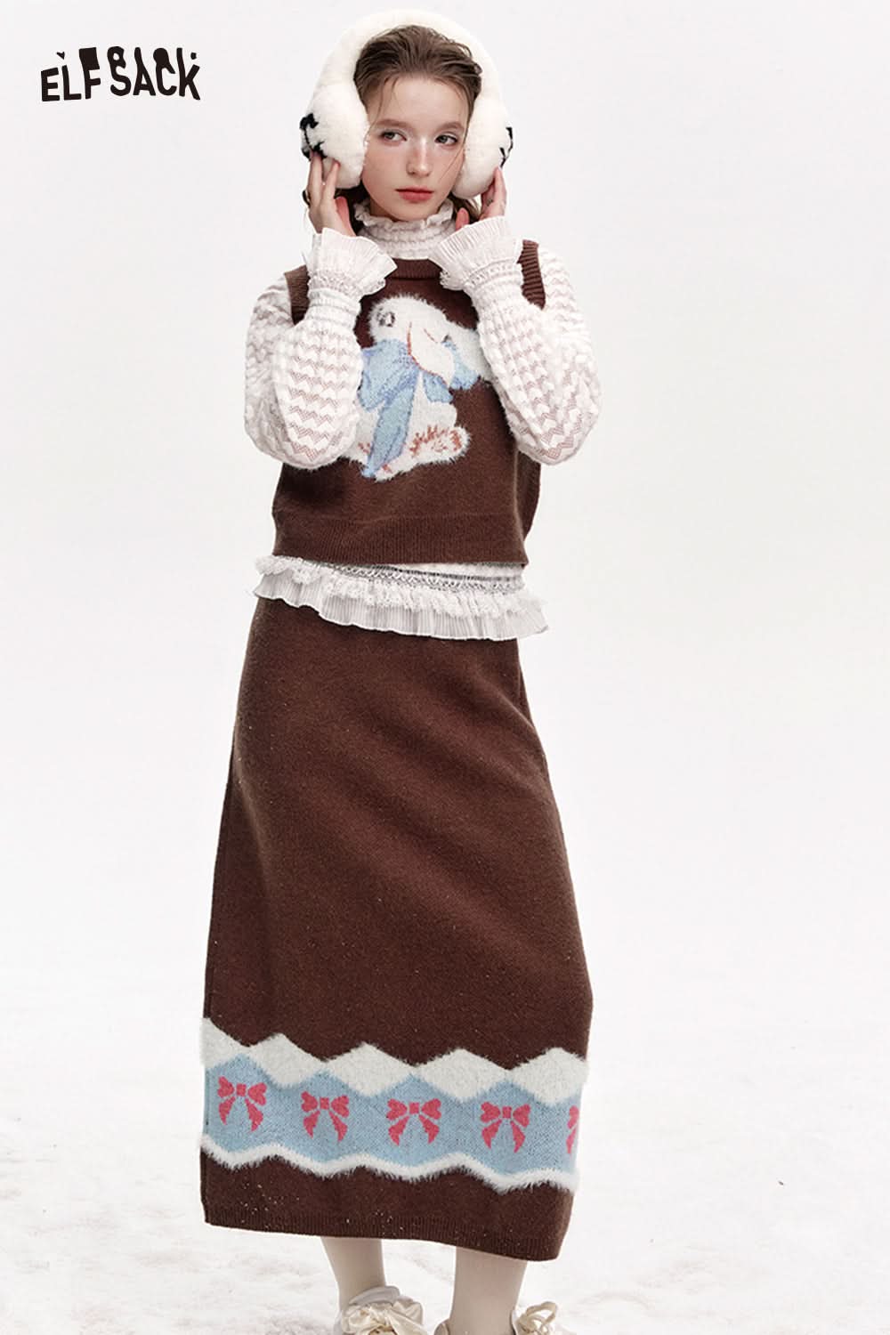 ELFSACK Preppy style bunny vest skirt knitted two-piece suit