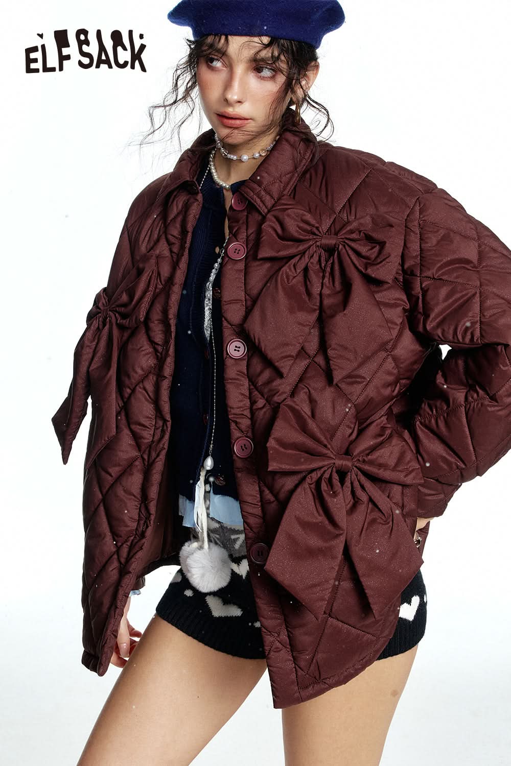 ELFSACK POLO collar, bow tie, single-breasted, shiny, coffee color, diamond checkered thick jacket