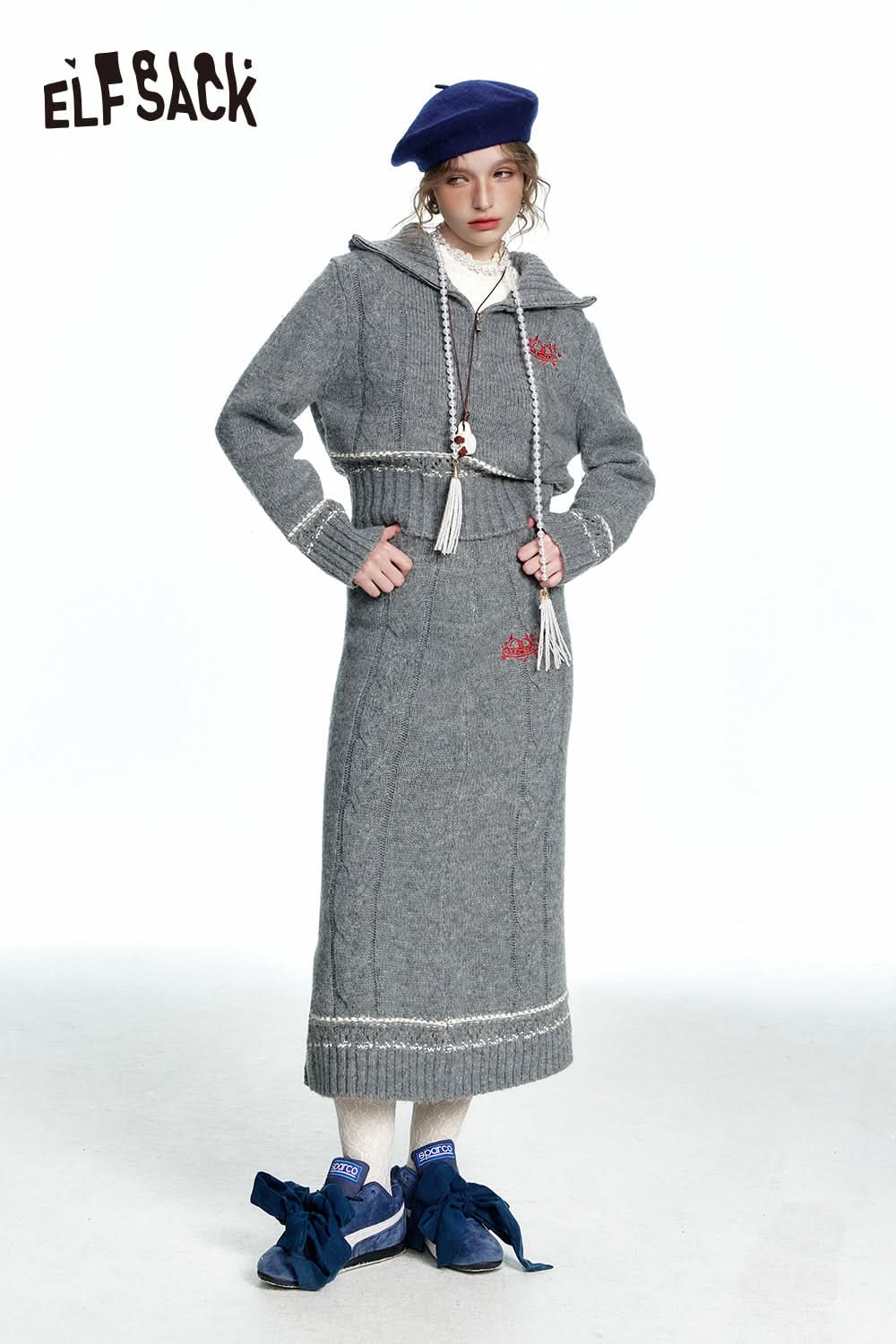 ELFSACK Grey embroidered knitted skirt two piece suit