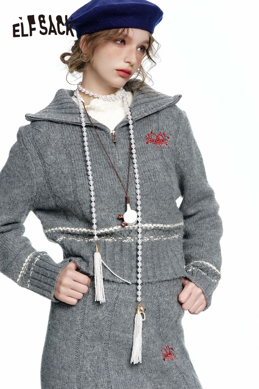 ELFSACK Grey embroidered knitted skirt two piece suit