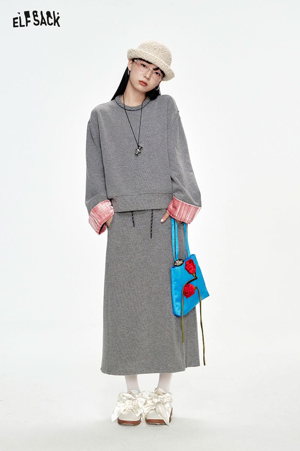 ELFSACK Preppy style velvet stitching grey long skirt suit