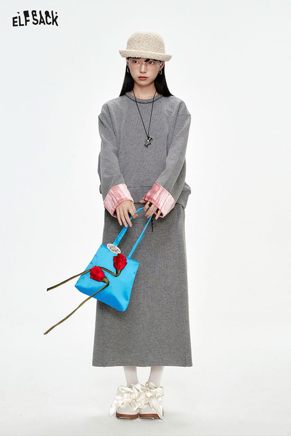 ELFSACK Preppy style velvet stitching grey long skirt suit