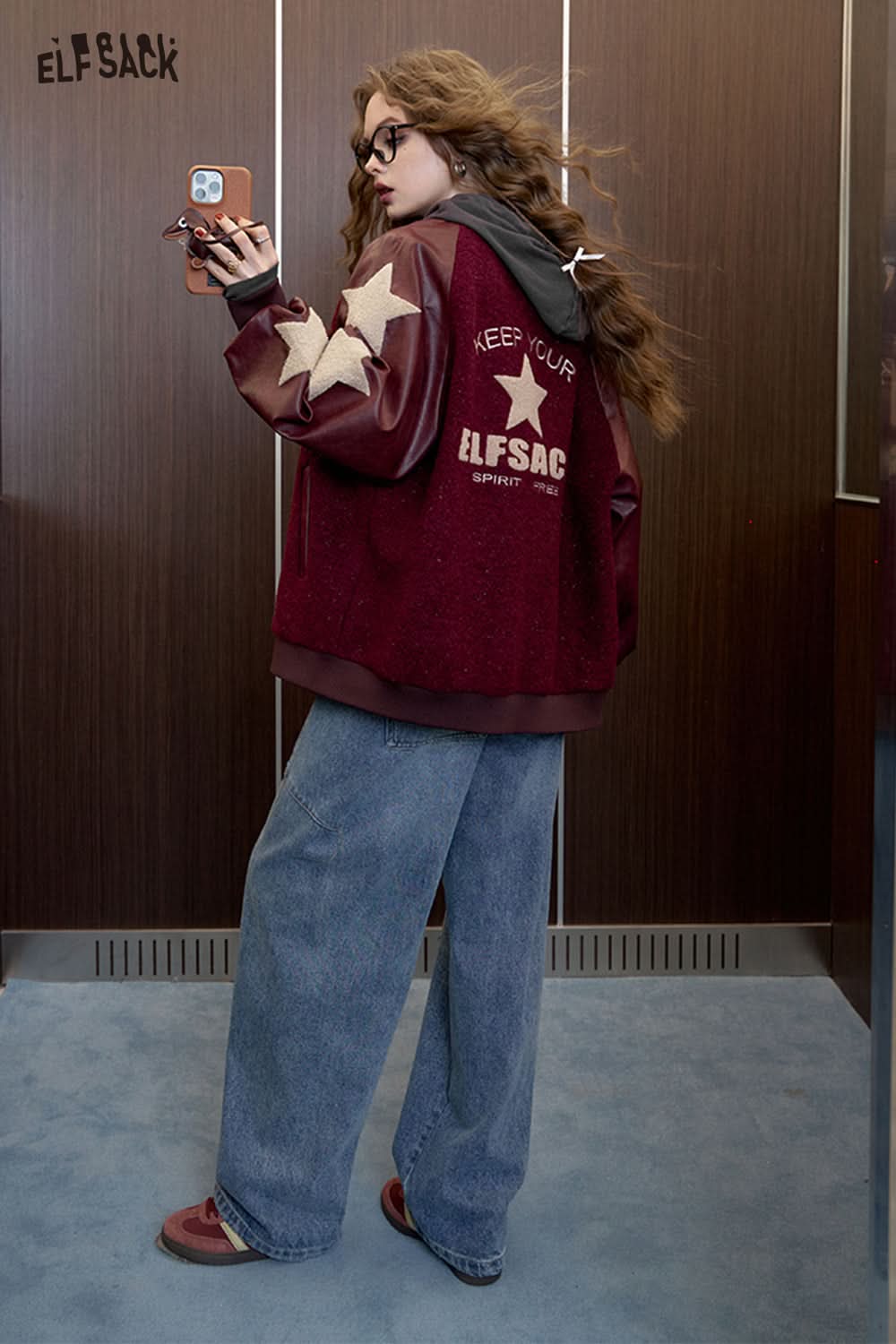 ELFSACK Sparkling woolen patchwork retro baseball suit, Angola infrared set