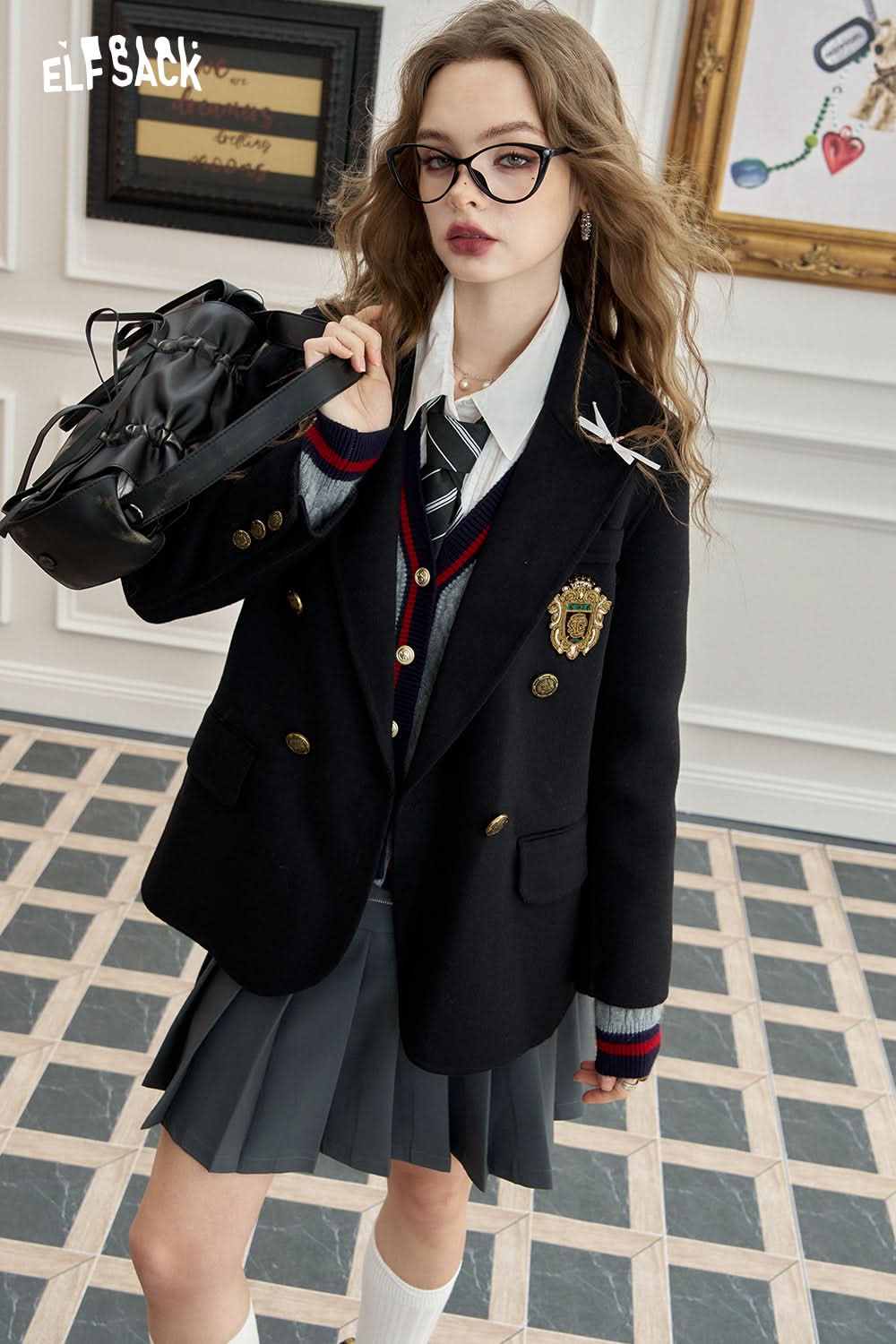 ELFSACK Retro mid-length woolen coat, sweet, preppy style