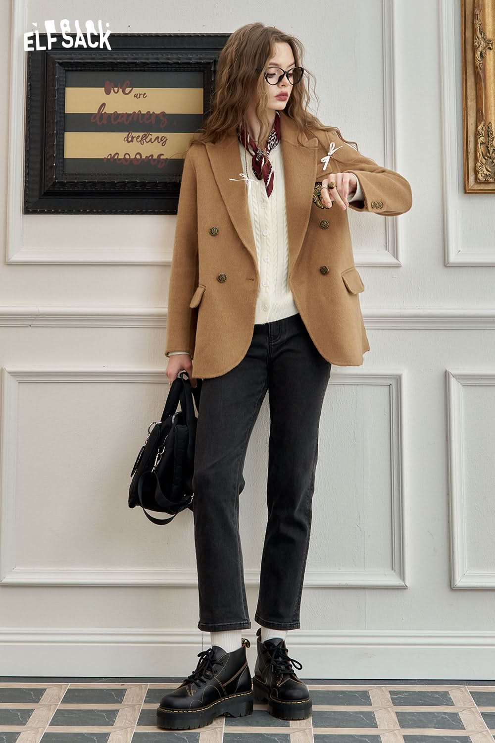ELFSACK Retro mid-length woolen coat, sweet, preppy style