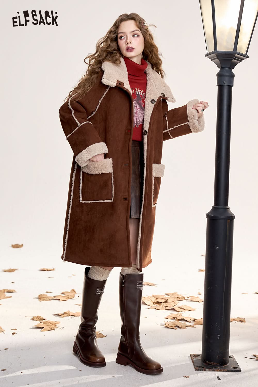 ELFSACK Retro coffee color warm plush thick long coat hooded reversible coat
