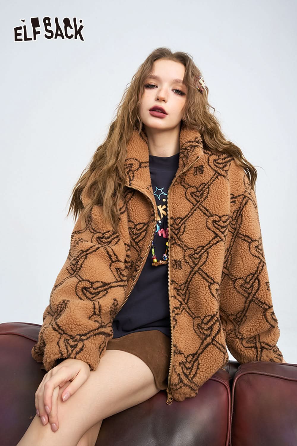 ELFSACK Retro Sweet Knitted Jacquard Imitation Plush Winter Coat