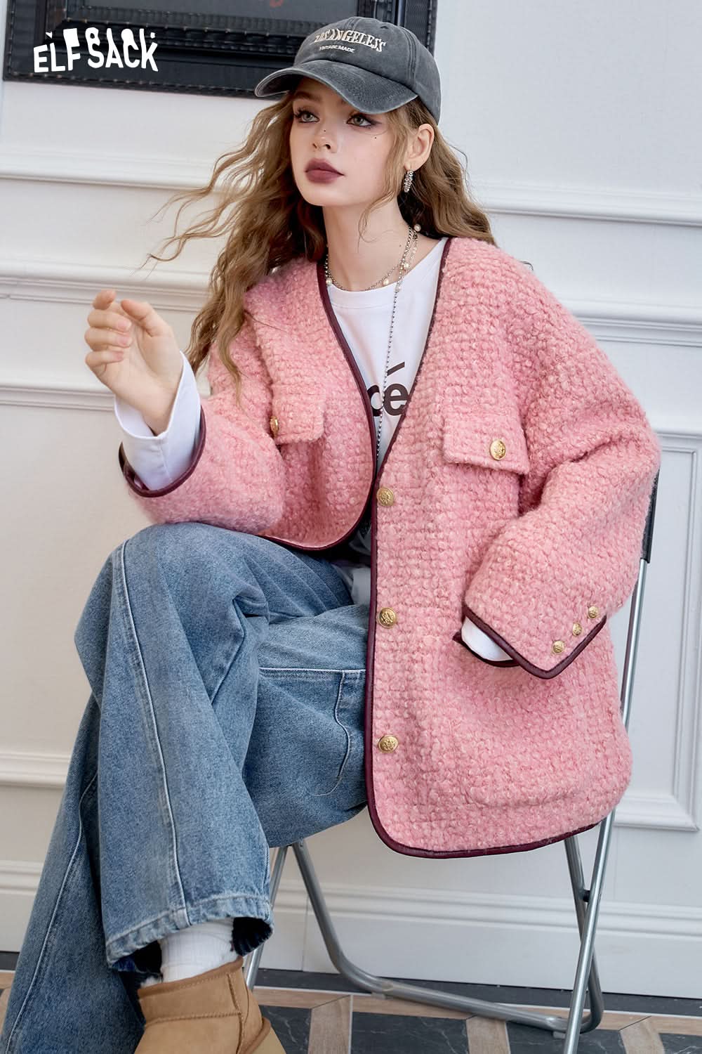 ELFSACK Elegant pink v-neck woolen coat