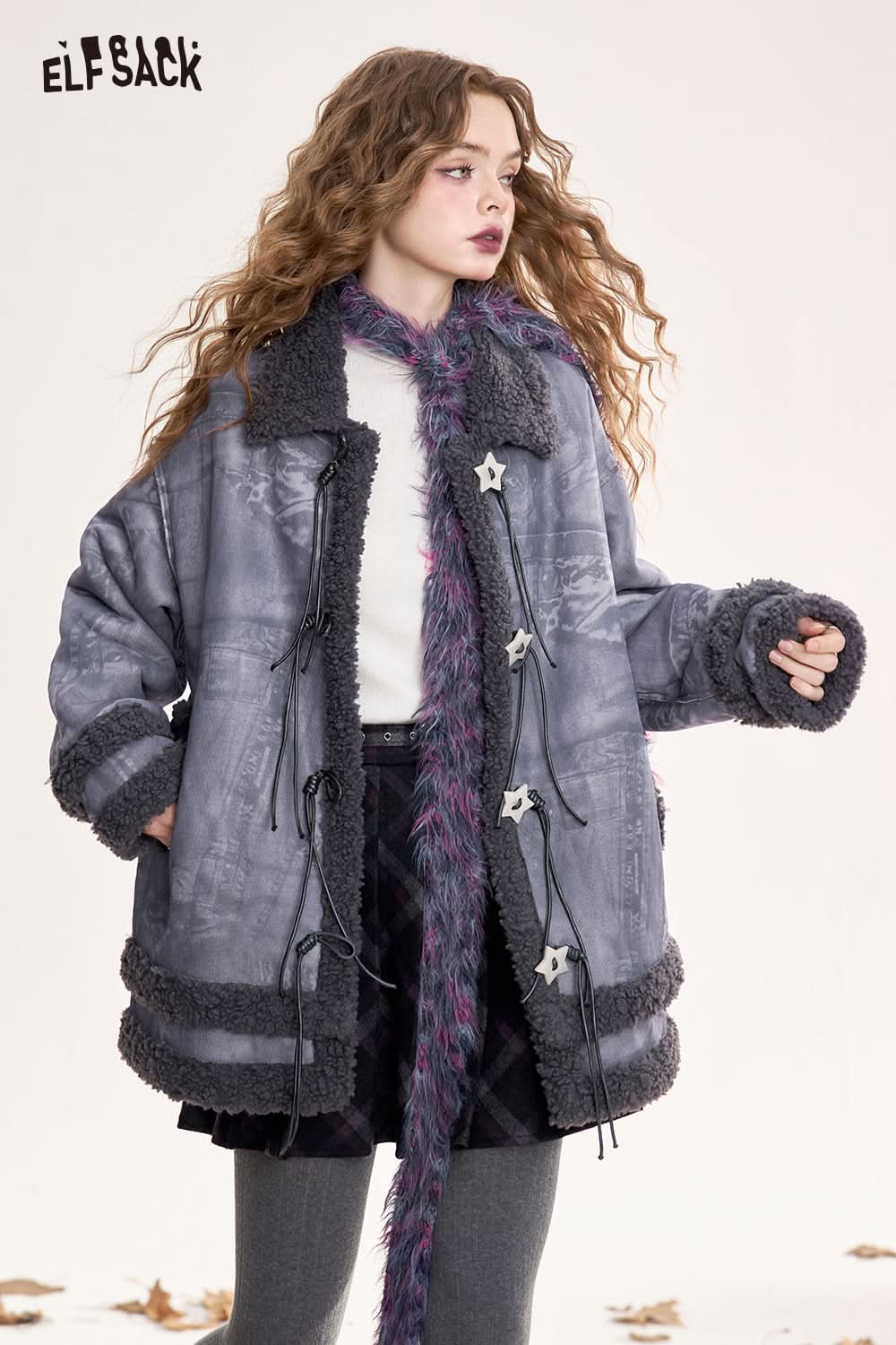 ELFSACK Star buckle retro preppy style warm plush thick coat