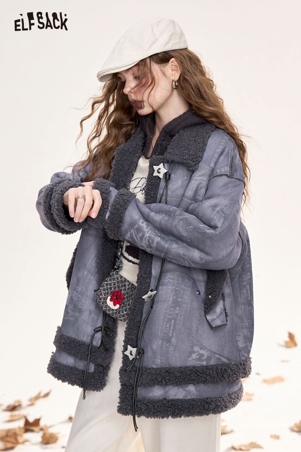 ELFSACK Star buckle retro preppy style warm plush thick coat