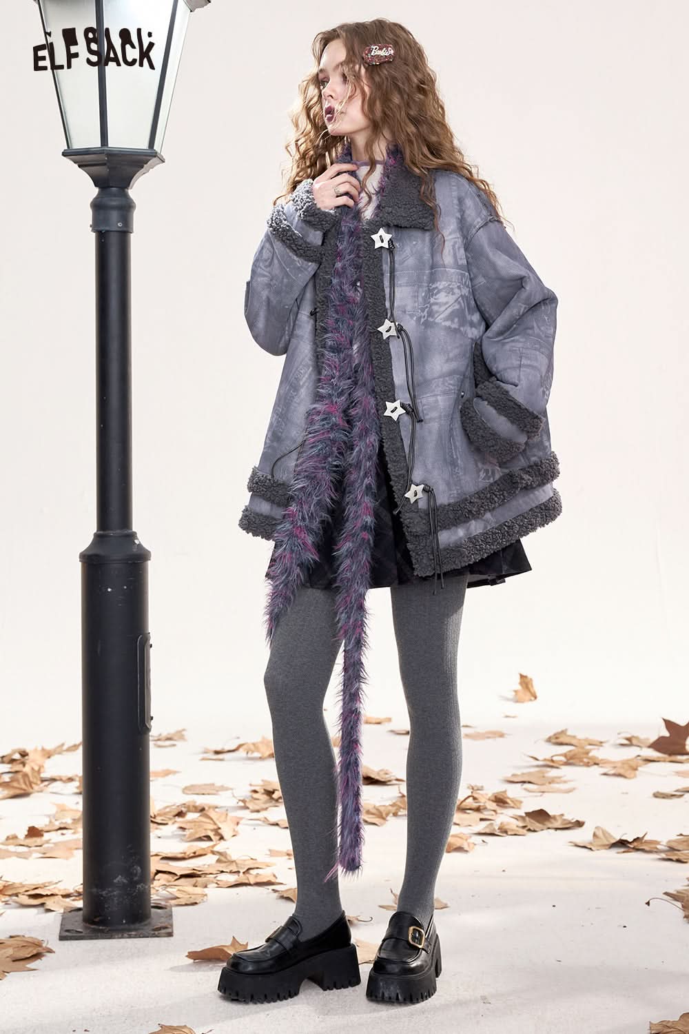 ELFSACK Star buckle retro preppy style warm plush thick coat