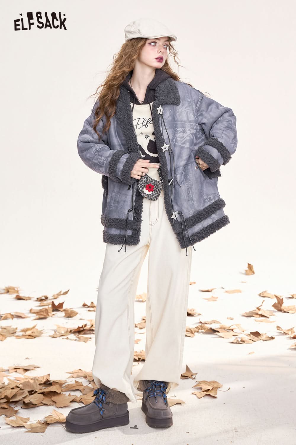 ELFSACK Star buckle retro preppy style warm plush thick coat