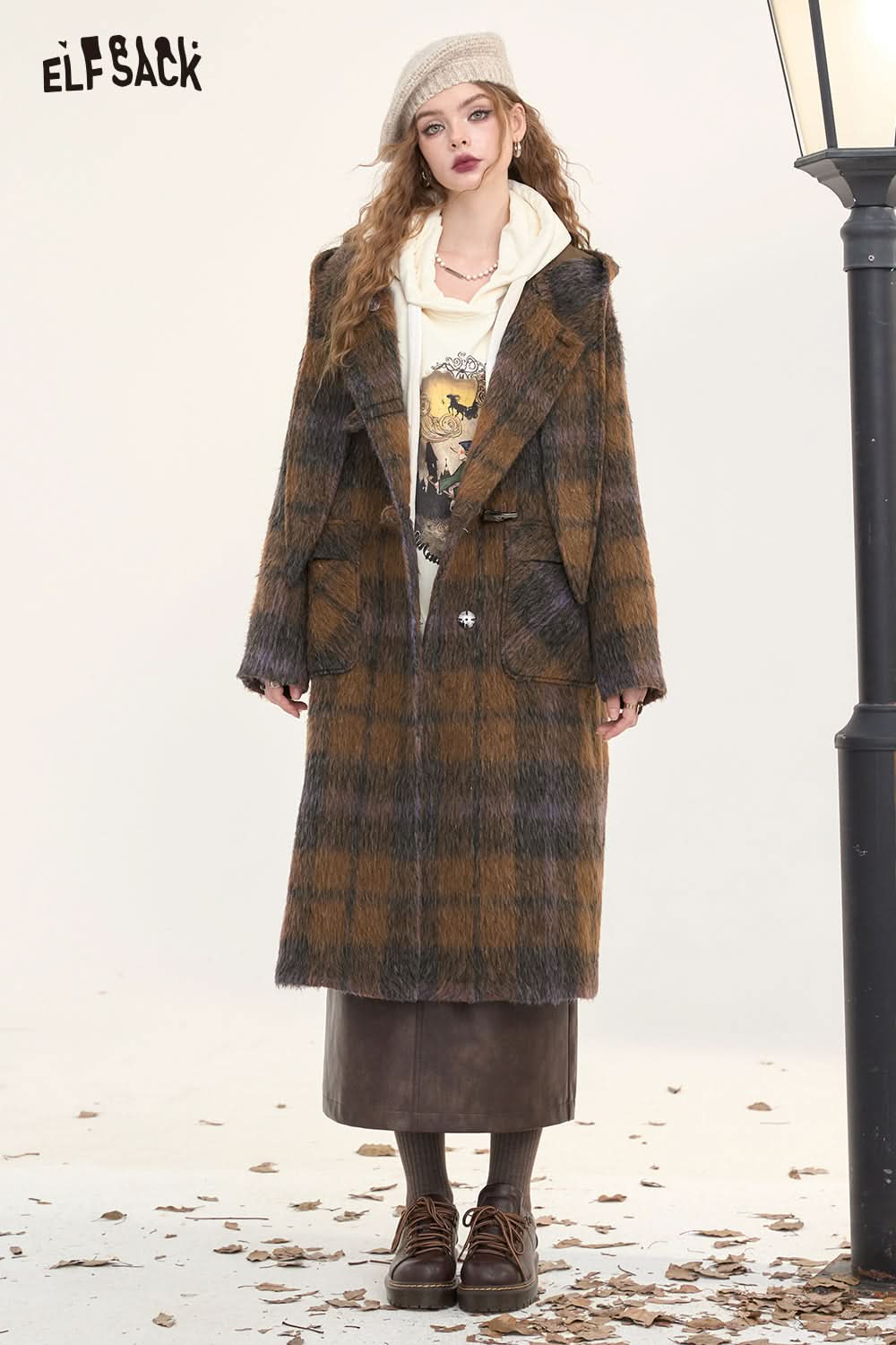 ELFSACK Women's Brown Plaid Hooded Long Wool Coat with Horn Buttons