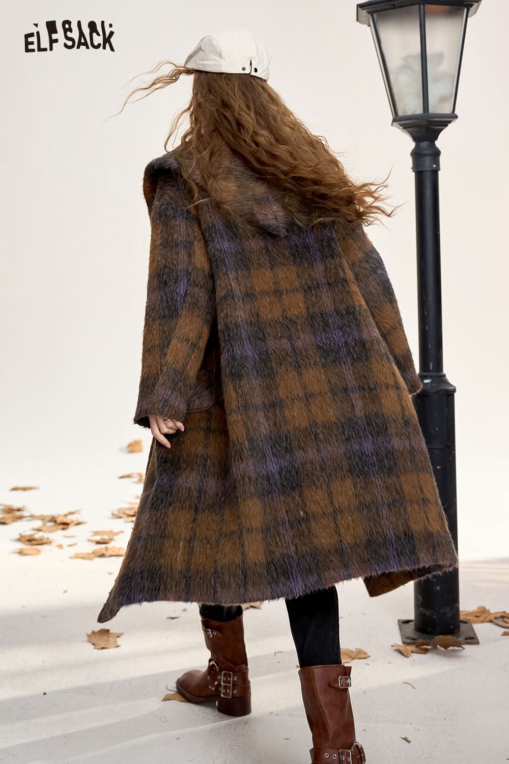 ELFSACK Women's Brown Plaid Hooded Long Wool Coat with Horn Buttons