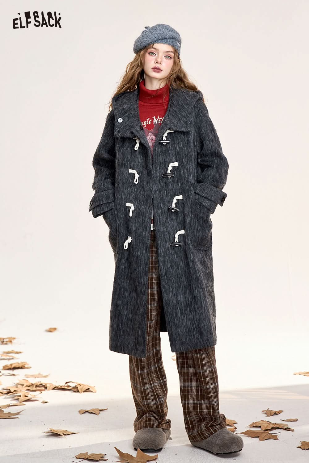 ELFSACK Claw button long coat, simple, fashionable and versatile