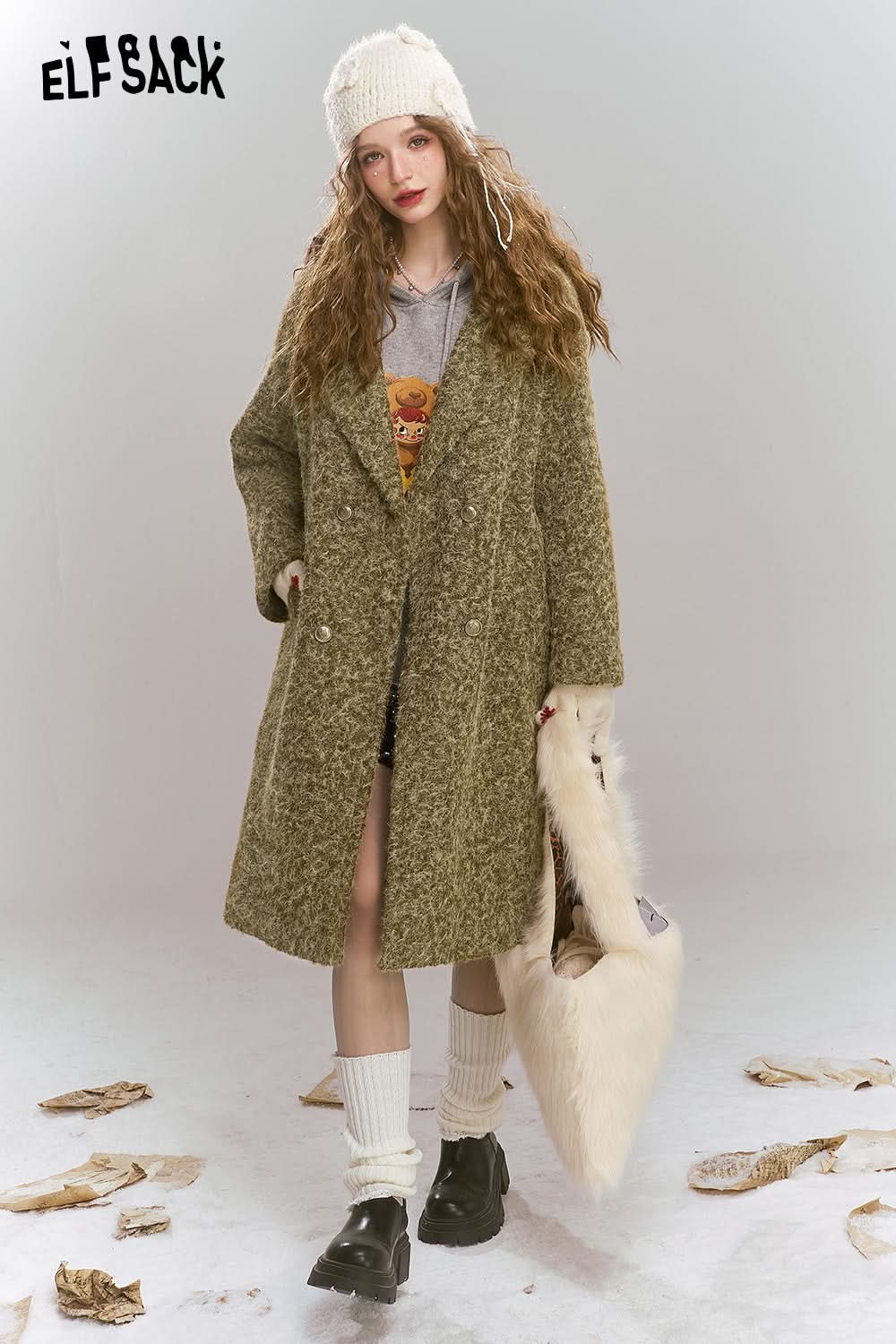 ELFSACK Retro elegant mid length lapel thick coat