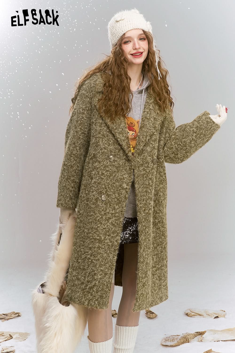 ELFSACK Retro elegant mid length lapel thick coat