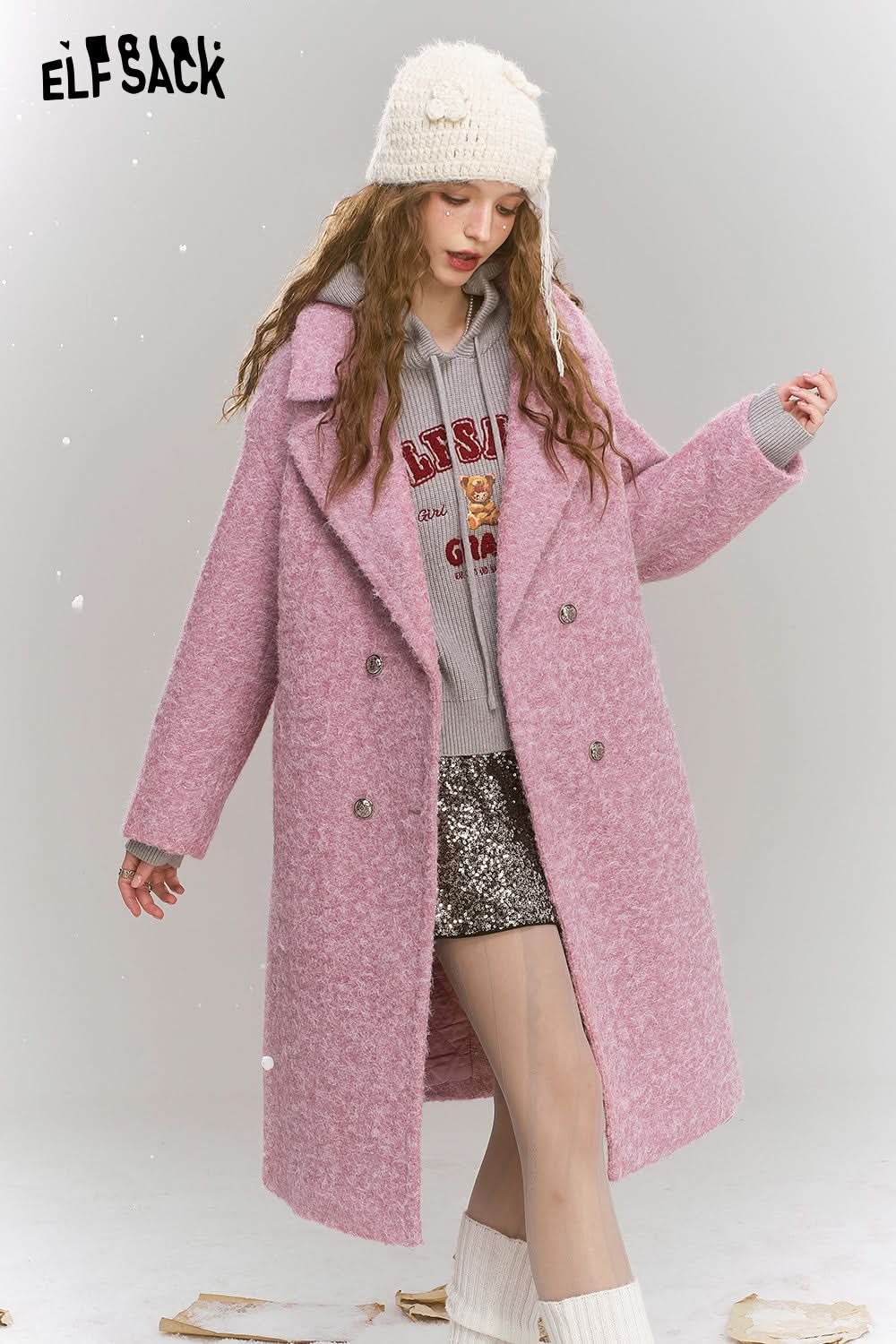 ELFSACK Retro elegant mid length lapel thick coat